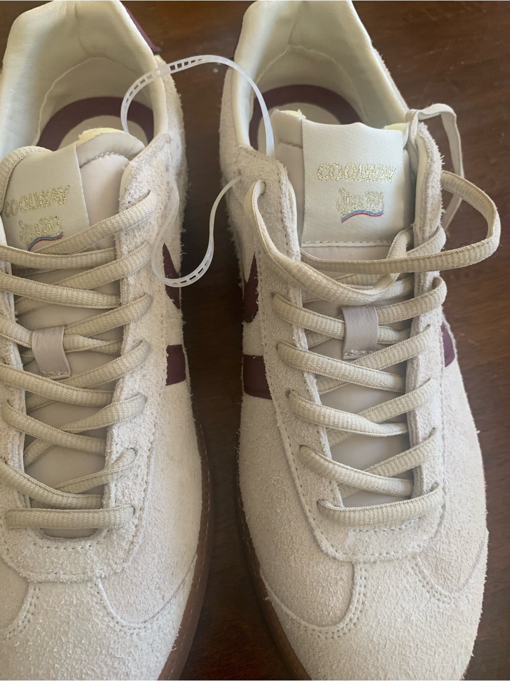 Coolest Suede Sneakers in Cream with Burgundy Accent